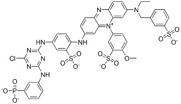 trihydrogen 3-[[4-[[4-chloro-6-[(3-phosphonatophenyl)amino]-1,3,5-triazin-2-yl]amino]-2-sulphonatophenyl]amino]-7-[ethyl[(3-sulphonatophenyl)methyl]amino]-5-(4-methoxy-3-sulphonatophenyl)phenazinium  구조식 이미지