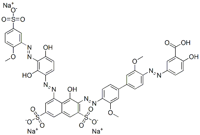 trisodium hydrogen 5-[[4'-[[8-[[2,4-dihydroxy-3-[(2-methoxy-5-sulphonatophenyl)azo]phenyl]azo]-1-hydroxy-3,6-disulphonato-2-naphthyl]azo]-3,3'-dimethoxy[1,1'-biphenyl]-4-yl]azo]salicylate 구조식 이미지