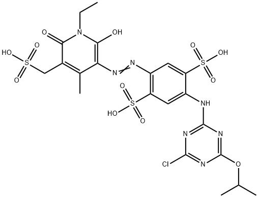 2-[[4-chloro-6-isopropoxy-1,3,5-triazin-2-yl]amino]-5-[[1-ethyl-1,6-dihydro-2-hydroxy-4-methyl-6-oxo-5-(sulphomethyl)-3-pyridyl]azo]-benzene-1,4-disulphonic acid 구조식 이미지