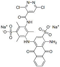 disodium 1-amino-4-[3-[[(3,6-dichloropyridazin-4-yl)carbonyl]amino]-2,4,6-trimethyl-5-sulphonatoanilino]-9,10-dihydro-9,10-dioxoanthracene-2-sulphonate Structure
