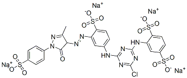 tetrasodium 2-[[4-chloro-6-[[3-[[4,5-dihydro-3-methyl-5-oxo-1-(4-sulphonatophenyl)-1H-pyrazol-4-yl]azo]-4-sulphonatophenyl]amino]-1,3,5-triazin-2-yl]amino]benzene-1,4-disulphonate Structure