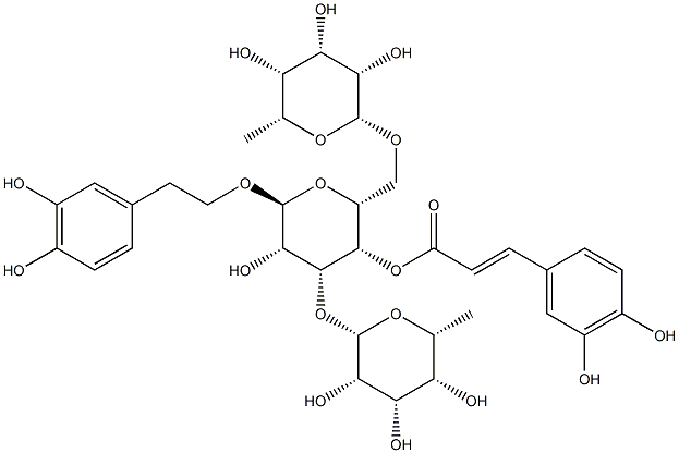 2-(3,4-Dihydroxyphenyl)ethyl 3-O,6-O-bis(α-L-rhamnopyranosyl)-4-O-[(E)-3-(3,4-dihydroxyphenyl)propenoyl]-β-D-glucopyranoside 구조식 이미지