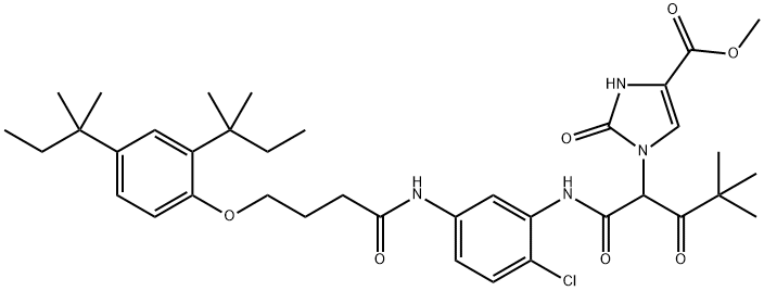 methyl 1-[1-[[5-[[4-(2,4-di-tert-butylphenoxy)butyryl]amino]-2-chlorophenyl]carbamoyl]-3,3-dimethyl-2-oxobutyl]-2,3-dihydro-2-oxo-1H-imidazole-4-carboxylate 구조식 이미지