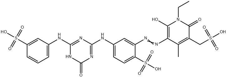 3-Pyridinemethanesulfonic  acid,  5-[2-[5-[[4,5-dihydro-4-oxo-6-[(3-sulfophenyl)amino]-1,3,5-triazin-2-yl]amino]-2-sulfophenyl]diazenyl]-1-ethyl- Structure
