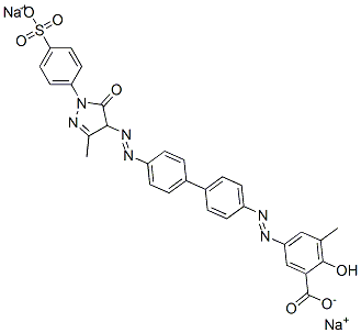 5-[[4'-[[4,5-dihydro-3-methyl-5-oxo-1-(4-sulphophenyl)-1H-pyrazol-4-yl]azo][1,1'-biphenyl]-4-yl]azo]-3-methylsalicylic acid, sodium salt 구조식 이미지