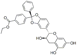 ethyl (2R-trans)-4-[5-(3,4-dihydro-3,5,7-trihydroxy-2H-1-benzopyran-2-yl)-2-phenyl-1,3-benzodioxol-2-yl]benzoate  구조식 이미지