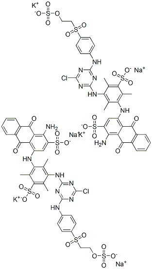 2-Anthracenesulfonic acid, 1-amino-4-[[3-[[4-chloro-6-[[4-[[2-(sulfooxy)ethyl]sulfonyl]phenyl]amino]-1,3,5-triazin-2-yl]amino]-2,4,6-trimethyl-5-sulfophenyl]amino]-9,10-dihydro-9,10-dioxo-, potassium sodium salt Structure