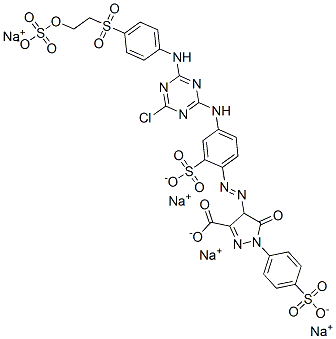 4-[[4-[[4-chloro-6-[[4-[[2-(sulphooxy)ethyl]sulphonyl]phenyl]amino]-1,3,5-triazin-2-yl]amino]-2-sulphophenyl]azo]-4,5-dihydro-5-oxo-1-(4-sulphophenyl)-1H-pyrazole-3-carboxylic acid, sodium salt Structure