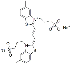 hydrogen 5-methyl-2-[2-methyl-3-[5-methyl-3-(3-sulphonatopropyl)-3H-benzothiazol-2-ylidene]prop-1-enyl]-3-(3-sulphonatopropyl)benzothiazolium, sodium salt Structure