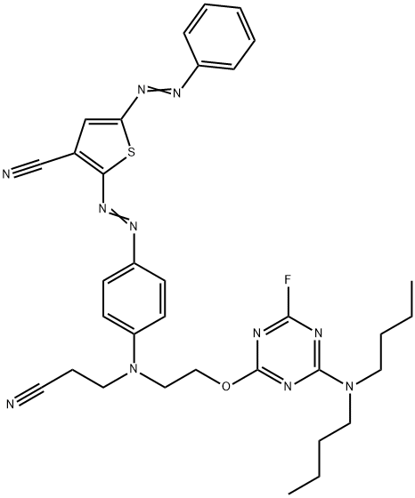 2-[[4-[(2-cyanoethyl)[2-[[4-(dibutylamino)-6-fluoro-1,3,5-triazin-2-yl]oxy]ethyl]amino]phenyl]azo]-5-(phenylazo)thiophene-3-carbonitrile 구조식 이미지