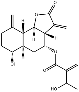 3-Hydroxy-2-methylenebutanoic acid dodecahydro-6-hydroxy-5a-methyl-3,9-bis(methylene)-2-oxonaphtho[1,2-b]furan-4-yl ester Structure