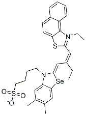 2-[2-[[5,6-dimethyl-3-(4-sulphonatobutyl)-3H-benzoselenazol-2-ylidene]methyl]-1-butenyl]-1-ethylnaphtho[1,2-d]thiazolium 구조식 이미지