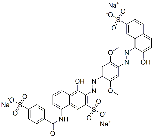 trisodium 4-hydroxy-3-[[4-[(2-hydroxy-7-sulphonato-1-naphthyl)azo]-2,5-dimethoxyphenyl]azo]-8-[(4-sulphonatobenzoyl)amino]naphthalene-2-sulphonate Structure
