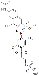 potassium sodium 6-(acetylamino)-3-[[2,5-dimethoxy-4-[[2-(sulphonatothio)ethyl]sulphonyl]phenyl]azo]-4-hydroxynaphthalene-2-sulphonate 구조식 이미지