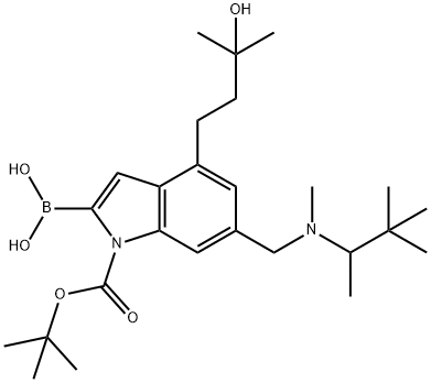 1H-Indole-1-carboxylic acid, 2-borono-4-(3-hydroxy-3-methylbutyl)-6-[[methyl(1,2,2-trimethylpropyl)amino]methyl]-, 1-(1,1-dimethylethyl) ester Structure