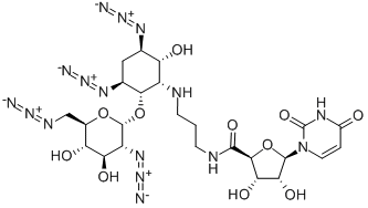 (2S,3S,4R,5R)-N-(3-((1S,2S,3S,5R,6R)-3,5-DIAZIDO-2-((2S,3R,4R,5S,6R)-3-AZIDO-6-(AZIDOMETHYL)-4,5-DIHYDROXYTETRAHYDRO-2H-PYRAN-2-YLOXY)-6-HYDROXYCYCLOHEXYLAMINO)PROPYL)-5-(2,4-DIOXO-3,4-DIHYDROPYRIMIDIN-1(2H)-YL)-3,4-DIHYDROXYTETRAHYDROFURAN-2-CARBOXAMIDE Structure