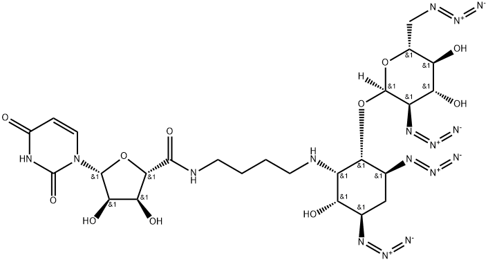 (2S,3S,4R,5R)-N-(4-((1S,2S,3S,5R,6R)-3,5-DIAZIDO-2-((2S,3R,4R,5S,6R)-3-AZIDO-6-(AZIDOMETHYL)-4,5-DIHYDROXYTETRAHYDRO-2H-PYRAN-2-YLOXY)-6-HYDROXYCYCLOHEXYLAMINO)BUTYL)-5-(2,4-DIOXO-3,4-DIHYDROPYRIMIDIN-1(2H)-YL)-3,4-DIHYDROXYTETRAHYDROFURAN-2-CARBOXAMIDE 구조식 이미지