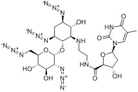 (2S,3S,5R)-N-(2-((1S,2S,3S,5R,6R)-3,5-DIAZIDO-2-((2S,3R,4R,5S,6R)-3-AZIDO-6-(AZIDOMETHYL)-4,5-DIHYDROXYTETRAHYDRO-2H-PYRAN-2-YLOXY)-6-HYDROXYCYCLOHEXYLAMINO)ETHYL)-3-HYDROXY-5-(5-METHYL-2,4-DIOXO-3,4-DIHYDROPYRIMIDIN-1(2H)-YL)TETRAHYDROFURAN-2-CARBOXAMIDE 구조식 이미지