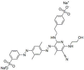 3-[[4-[[5-cyano-6-[(2-hydroxyethyl)amino]-4-methyl-2-[[2-(4-sulphophenyl)ethyl]amino]-3-pyridyl]azo]-2,5-xylyl]azo]benzenesulphonic acid, sodium salt Structure