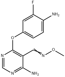 5-Pyrimidinecarboxaldehyde,  4-amino-6-(4-amino-3-fluorophenoxy)-,  O-methyloxime 구조식 이미지