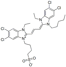 1H-Benzimidazolium,5,6-dichloro-2-[3-(5,6-dichloro-1-ethyl-1,3-dihydro-3-pentyl-2H-benzimidazol-2-ylidene)-1-propenyl]-1-ethyl-3-(4-sulfobutyl)-, inner salt 구조식 이미지
