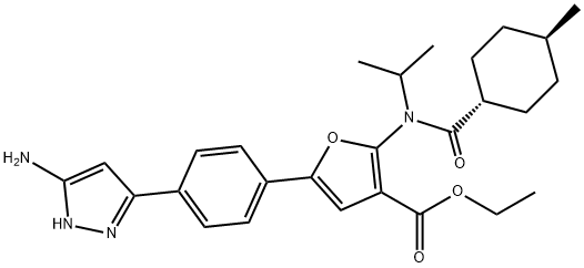 3-Furancarboxylic  acid,  5-[4-(5-amino-1H-pyrazol-3-yl)phenyl]-2-[[(trans-4-methylcyclohexyl)carbonyl](1-methylethyl)amino]-,  ethyl  ester Structure