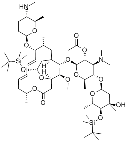 9(2R,5S,6R)]-18-Deoxo-3-deoxy-4B-O-[(1,1-dimethylethyl)dimethylsilyl]-18-[[(1,1-dimethylethyl)dimethylsilyl]oxy]-3,18-epoxy-9-O-[tetrahydro-6-methyl-5-(methylamino)-2H-pyran-2-yl]-leucomycin V 2B-Acetate Structure