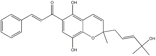 [E,(+)]-1-[5,8-Dihydroxy-2-[(E)-4-hydroxy-4-methyl-2-pentene-1-yl]-2-methyl-2H-1-benzopyran-6-yl]-3-phenyl-2-propene-1-one Structure