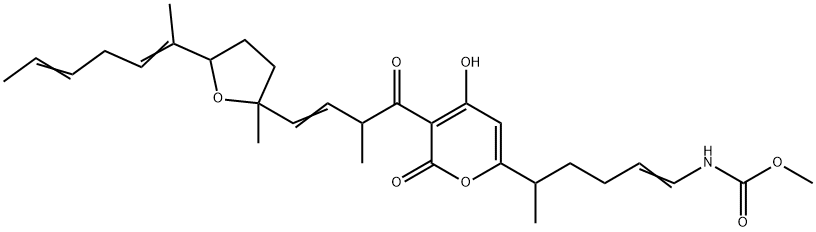 [5-[4-Hydroxy-3-[2-methyl-1-oxo-4-[tetrahydro-2-methyl-5-(1-methyl-1,4-hexadienyl)furan-2-yl]-3-butenyl]-2-oxo-2H-pyran-6-yl]-1-hexenyl]carbamic acid methyl ester 구조식 이미지