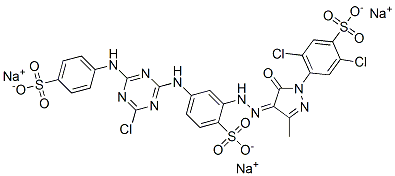 trisodium 2,5-dichloro-4-[(4Z)-4-[[5-[[4-chloro-6-[(4-sulfonatophenyl) amino]-1,3,5-triazin-2-yl]amino]-2-sulfonato-phenyl]hydrazinylidene]-3 -methyl-5-oxo-pyrazol-1-yl]benzenesulfonate 구조식 이미지