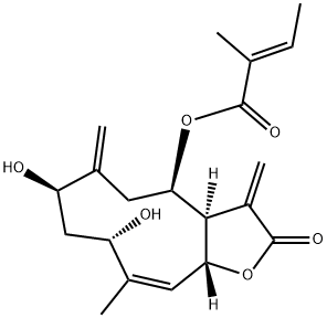 2-Methylcrotonic acid (3aR,4R,7R,9S,10Z,11aR)-2,3,3a,4,5,6,7,8,9,11a-decahydro-7,9-dihydroxy-10-methyl-3,6-bis(methylene)-2-oxocyclodeca[b]furan-4-yl ester 구조식 이미지