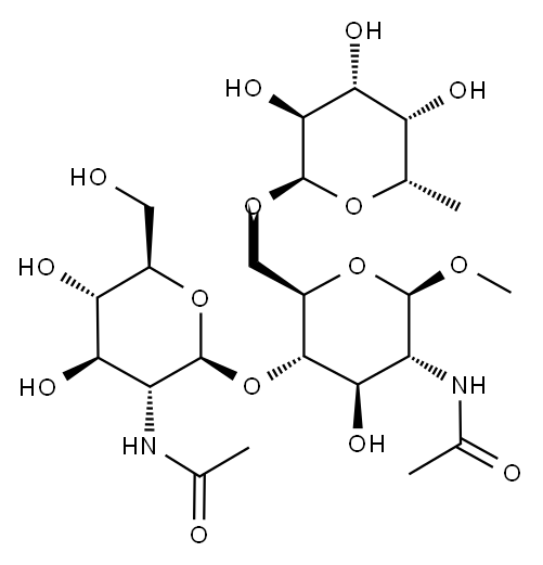 Methyl 2-Acetamido-4-O-(2-acetamido-2-deoxy-b-D-gluco- pyranosyl)-2-deoxy-6-O-(a-L-fucopyranosyl)-b-D-glucopyranoside Structure