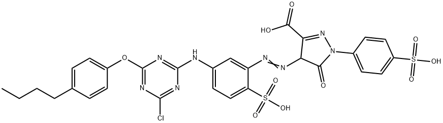 4-[[5-[[4-(4-butylphenoxy)-6-chloro-1,3,5-triazin-2-yl]amino]-2-sulphophenyl]azo]-4,5-dihydro-5-oxo-1-(4-sulphophenyl)-1H-pyrazole-3-carboxylic acid 구조식 이미지