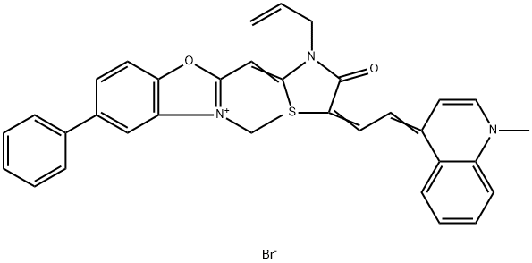 2-[[3-allyl-5-[(1-methyl-1H-quinolin-4-ylidene)ethylidene]-4-oxothiazolidin-2-ylidene]methyl]-3-ethyl-5-phenylbenzoxazolium bromide 구조식 이미지