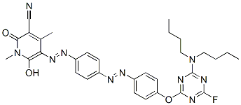 5-[4-[4-(4-Dibutylamino-6-fluoro-1,3,5-triazine-2-yloxy)phenylazo]phenylazo]-6-hydroxy-1,4-dimethyl-2-oxo-1,2-dihydro-3-pyridinecarbonitrile 구조식 이미지