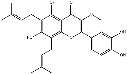 2-(3,4-Dihydroxyphenyl)-5,7-dihydroxy-3-methoxy-6,8-bis(3-methyl-2-butenyl)-4H-1-benzopyran-4-one 구조식 이미지