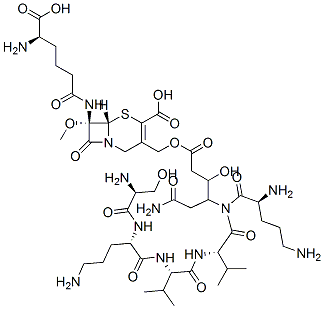 (7S)-7-[[(R)-5-Amino-5-carboxy-1-oxopentyl]amino]-7-methoxy-3-[[[6-amino-3-hydroxy-4-(L-seryl-L-ornithyl-L-valyl-L-ornithyl-L-valylamino)-1,6-dioxohexyl]oxy]methyl]cepham-3-ene-4-carboxylic acid 구조식 이미지