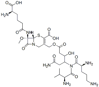 (7S)-7-[[(R)-5-Amino-5-carboxy-1-oxopentyl]amino]-7-methoxy-3-[[[6-amino-3-hydroxy-4-(L-ornithyl-L-valylamino)-1,6-dioxohexyl]oxy]methyl]cepham-3-ene-4-carboxylic acid Structure