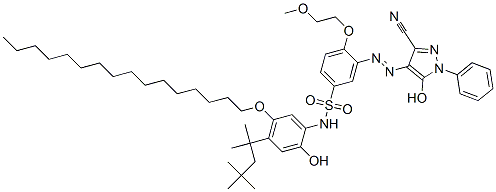 3-(3-Cyano-5-hydroxy-1-phenyl-1H-pyrazol-4-ylazo)-4-(2-methoxyethoxy)-N-[5-hexadecyloxy-2-hydroxy-4-(1,1,3,3-tetramethylbutyl)phenyl]benzenesulfonamide 구조식 이미지