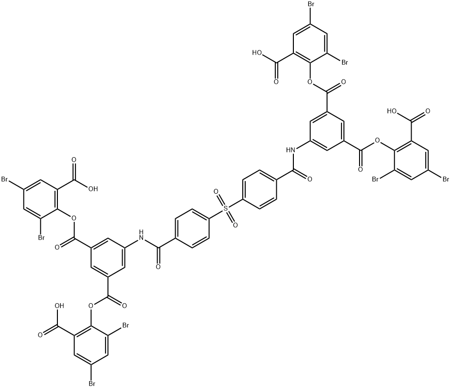 1,3-Benzenedicarboxylic acid, 5,5'-[sulfonylbis(4,1-phenylenecarbonylimino)]bis-, 1,1',3,3'-tetrakis(2,4-dibromo-6-carboxyphenyl) ester Structure