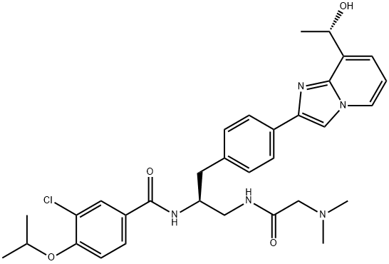 3-Chloro-N-{(1S)-2-[(N,N-dimethylglycyl)amino]-1-[(4-{8-[(1S)-1-hydroxyethyl]imidazo[1,2-a]pyridin-2-yl}phenyl)methyl]ethyl}-4-[(1-methylethyl)oxy]benzamide 구조식 이미지