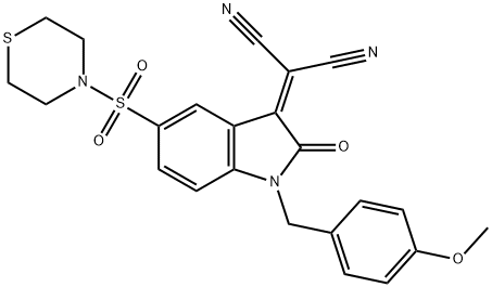 2-[(4-Methoxybenzyl)-2-oxo-5-(thiomorpholinosulfonyl)indolin-3-ylidene]malononitrile 구조식 이미지