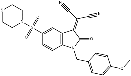 2-[(4-Methoxybenzyl)-2-oxo-5-(thiomorpholinosulfonyl)indolin-3-ylidene]malononitrile Structure