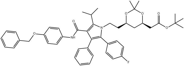 (6-{2-[3-(4-Benzyloxy-phenylcarbamoyl)-5-(4-fluoro-phenyl)-2-isopropyl-4-phenyl-pyrrol-1-yl]-ethyl}-2,2-dimethyl-[1,3]-dioxane-4-yl)-acetic Acid, tert-Butyl Ester Structure