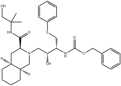 (3S,4aS,8aS)-Decahydro-N-(2-hydroxy-1,1-dimethylethyl)-2-[(2R,3R)-2-hydroxy-3-carbobenzyloxyamino-4-phenylthiobutyl]-3-isoquinolinecarboxamide 구조식 이미지