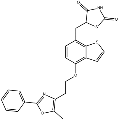 5-((4-(2-(5-methyl-2-phenyloxazol-4-yl)ethoxy)benzo[b]thiophen-7-yl)methyl)thiazolidine-2,4-dione 구조식 이미지