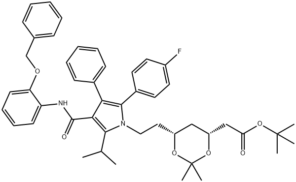 (6-{2-[3-(2-Benzyloxy-phenylcarbamoyl)-5-(4-fluoro-phenyl)-2-isopropyl-4-phenyl-pyrrol-1-yl]-ethyl}-2,2-dimethyl-[1,3]-dioxane-4-yl)-acetic Acid, tert-Butyl Ester 구조식 이미지