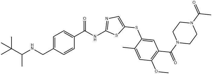 N-(5-((5-(4-Acetylpiperazine-1-carbonyl)-4-methoxy-2-methylphenyl)thio)thiazol-2-yl)-4-(((3,3-dimethylbutan-2-yl)amino)methyl)benzamide 구조식 이미지