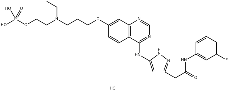 5-[[7-[3-[Ethyl[2-(phosphonooxy)ethyl]amino]propoxy]-4-quinazolinyl]amino]-N-(3-fluorophenyl)-1H-pyrazole-3-acetamide dihydrochloride 구조식 이미지