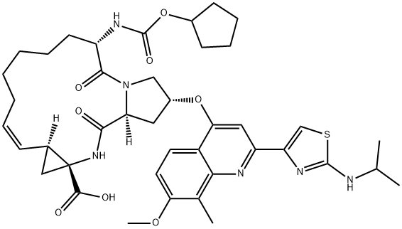 (2R,6S,12Z,13aS,14aR,16aS)-6-[[(Cyclopentyloxy)carbonyl]amino]-1,2,3,6,7,8,9,10,11,13a,14,15,16,16a-tetradecahydro-2-[[7-methoxy-8-methyl-2-[2-[(1-methylethyl)amino]-4-thiazolyl]-4-quinolinyl]oxy]-5,16-dioxocyclopropa[e]pyrrolo[1,2-a][1,4]diazacyclopentadecine-14a(5H)-carboxylic acid 구조식 이미지